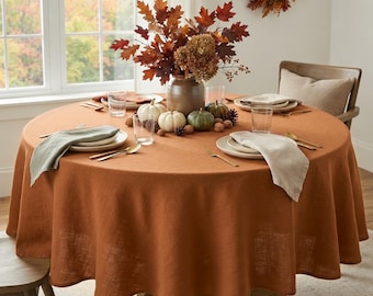 Custom Burnt Orange Linen Tablecloth, European Natural Linen Round & Oval Tablecloth, Fall Thanksgiving Tablecloth, Rustic Farmhouse Dining