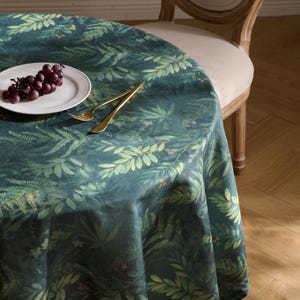 Forest Fern & Berry Tablecloth, Deep Moss Green Linen-Blend, Botanical SpringTable Cover, Custom Round Sizes for Holiday Dining Decor
