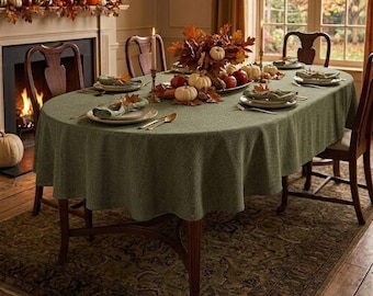 Toalha de mesa oval verde-oliva, toalha de mesa texturizada de linho resistente à água, decoração de mesa personalizada para o Dia de Ação de Graças no outono, capa para mesa de jantar estilo fazenda.