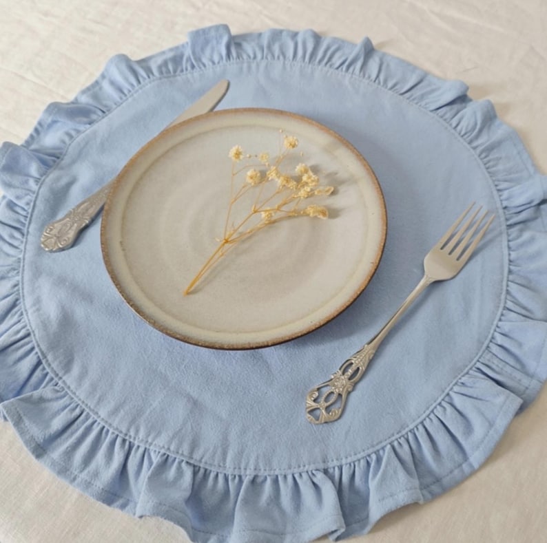 Our door Round Linen Placemat with Ruffle Edge, Farmhouse Cottagecore Table Decor, Double Layer Light Blue Cotton Linen Round Table Mat,16 Inch Round