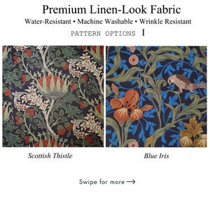 Vintage botanical tablecloth pattern options featuring Scottish Thistle and Blue Iris designs. Scottish Thistle showcases intricate green foliage, cream thistle flowers, and rust-colored accents on a dark background. Blue Iris features elegant orange iris flowers and muted green leaves against a deep navy background. Both patterns offer a timeless country-inspired look for distinctive dining table decor.