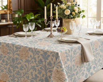 Blue Floral Vine Rectangle Tablecloth, French Country Linen-Textured Tablecloth, Water-Resistant Custom Table Cover, Thanksgiving Decor