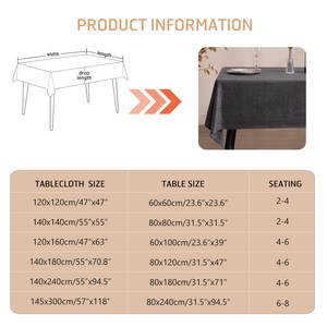 May include: A dark gray rectangular tablecloth with a textured fabric appearance. The image includes a diagram illustrating width, length, and drop length, alongside a table providing various dimensions in inches and centimeters for seating.