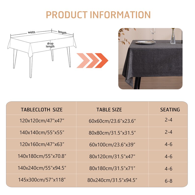 May include: A dark gray rectangular tablecloth with a textured fabric appearance. The image includes a diagram illustrating width, length, and drop length, alongside a table providing various dimensions in inches and centimeters for seating.