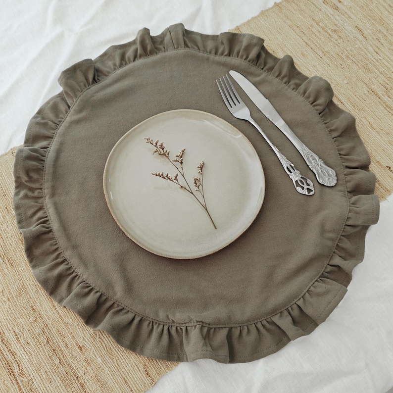 round placemat

linen placemat

ruffle placemat

farmhouse decor

cottagecore decor

round table mat

table setting

rustic table decor

cotton linen mat

double layer mat

wedding table decor

country table

green placemat