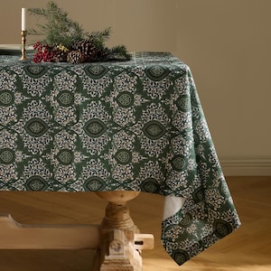 Spring Green Botanical Rectangle Tablecloth - William Morris Style Linen-Textured, Dining Table Decor,  Custom Size English Cottage Cover