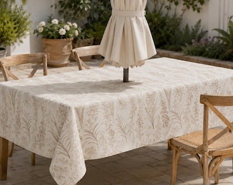 Wheat Bloom Rectangular Linen Textured Tablecloth with Umbrella Hole and Zipper, Spill Resistant Patio Table Cover, Farmhouse Outdoor Decor