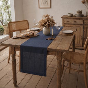 Navy Blue Linen Table Runner, Farmhouse Rustic Table Decor, Natural Linen Wedding Runner, Modern Dining Table Centerpiece