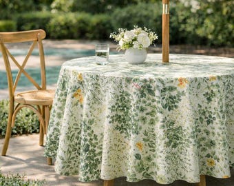 Light Botanical Outdoor Tablecloth with Umbrella Hole, Waterproof Oilcloth, Wipeable Patio Cover, Custom Round Sizes, Garden Decor