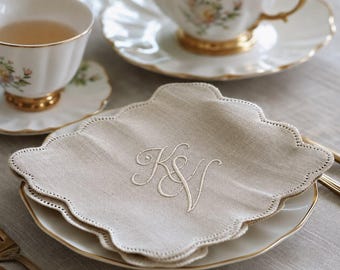 Scalloped Cocktail Napkins, 6x6 Linen Cotton Napkins, Optional Custom Embroidery, Wedding Event, Thanksgiving & Christmas, Bulk Order 100+