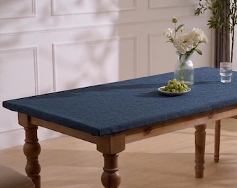 Water-Resistant Linen-Textured Fitted Tablecloth with Elastic, Custom Size, Stay-Put,  Scratch-Resistant Table Cover for Families with Kids