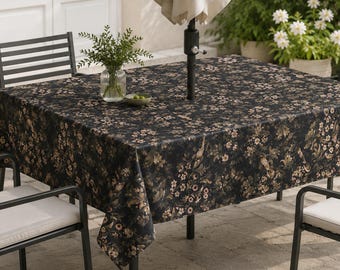 Dark Fern & Finch Tablecloth, Linen Texture Spill Resistant Rectangular Tablecloth with Umbrella Hole and Zipper, Outdoor Patio Garden Decor