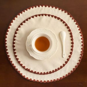 Puede incluir: Una taza y un platillo blancos llenos de té, colocados sobre un mantel individual blanco con un borde festoneado marrón. Una cuchara blanca descansa junto a la taza. El mantel individual está sobre una superficie marrón oscuro.