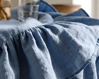 120" Round 100% Pure Linen Ruffle Tablecloth, Mist Blue Floor Length Table Cover, Luxury Stonewashed Linen, Custom Size