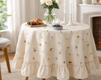 Spring Ruffle Round Tablecloth with Embroidery, Cotton Tablecloth, French Country Farmhouse Kitchen Decor, Custom Size Table Cover