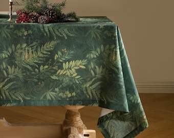 Forest Fern and Berry Green Botanical Tablecloth Custom Size Linen-Textured Spring Table Cover Cottagecore Holiday Dining Decor