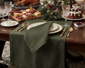 Natural Linen Table Runner & Napkin Set, 19 x 19 Inch Dinner Napkins, Custom Size for Thanksgiving Dinner, Christmas Table Decor
