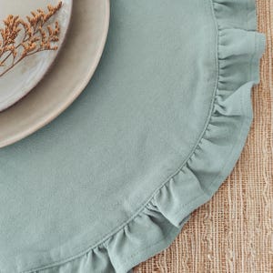 round placemat

linen placemat

ruffle placemat

farmhouse decor

cottagecore decor

round table mat

table setting

rustic table decor

cotton linen mat

double layer mat

wedding table decor

country table

Light Blue placemat