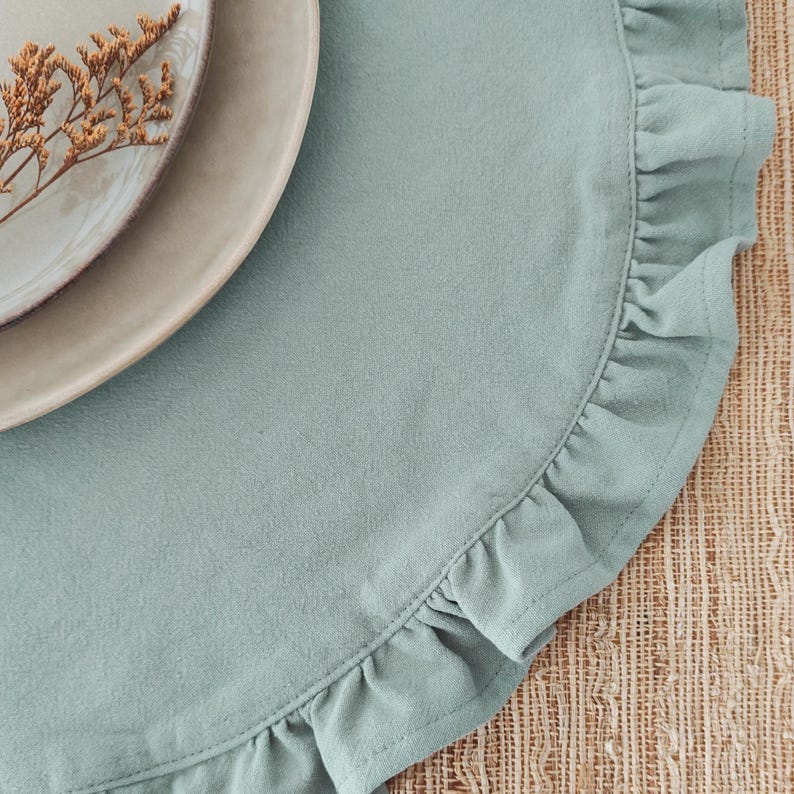 round placemat

linen placemat

ruffle placemat

farmhouse decor

cottagecore decor

round table mat

table setting

rustic table decor

cotton linen mat

double layer mat

wedding table decor

country table

Light Blue placemat