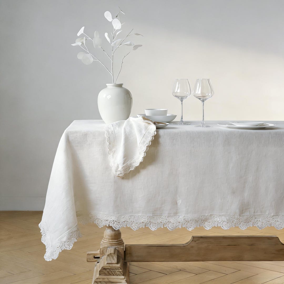 French Linen Tablecloth with Lace – Custom Size, Handmade, Matching Napkins, Wedding & Farmhouse Dining Décor - Natural White, 52"x52"(132 x 132cm)
