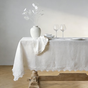 French Linen Tablecloth with Lace – Custom Size, Handmade, Matching Napkins, Wedding & Farmhouse Dining Décor