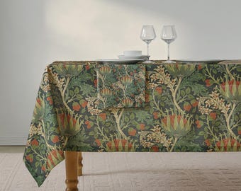 Extra Wide Morris Thistle Tablecloth Set, Linen‑Blend, Botanical Print, Large‑Scale Floral, Custom for Wedding, Farmhouse & Holidays