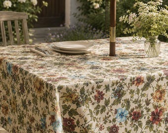 Heritage Floral Rectangle Tablecloth with Umbrella Hole and Zipper, Spill Resistant Patio Tablecloth, Linen Textured Outdoor Table Cover