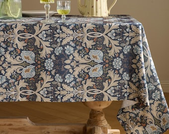 Toalha de mesa azul com crisântemo, resistente à água, textura de linho, estampa floral, ideal para cozinha, varanda e estilo casa de campo.