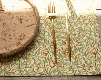 Elegant Cotton Placemat Set 4 6 8 12, Rectangle Placemats Gift for Mom, Large or Small Size, Enchanted Bird & Pomegranate William Morris