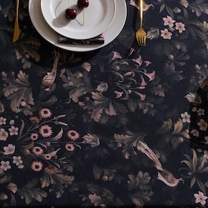 Dark Fern Finch Linen-Textured Tablecloth, Arts & Crafts Botanical Design, Extra-Wide Custom Size for Rectangle  Square Tables