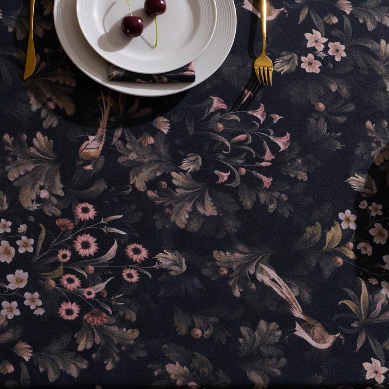 Dark Fern Finch Linen-Textured Tablecloth, Arts & Crafts Botanical Design, Extra-Wide Custom Size for Rectangle  Square Tables
