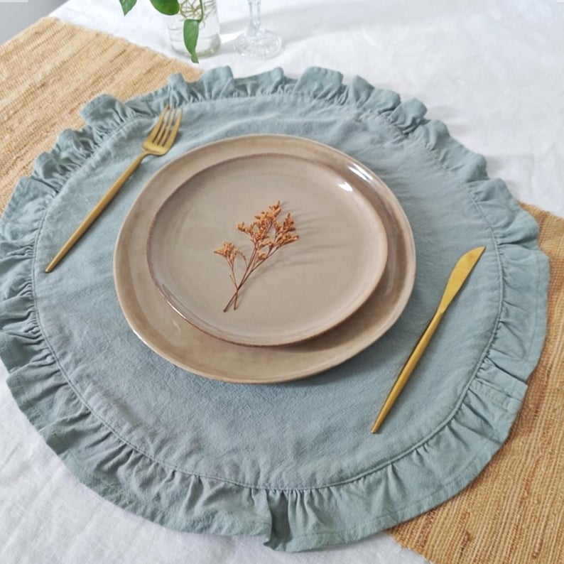 round placemat

linen placemat

ruffle placemat

farmhouse decor

cottagecore decor

round table mat

table setting

rustic table decor

cotton linen mat

double layer mat

wedding table decor

country table

Light Blue placemat