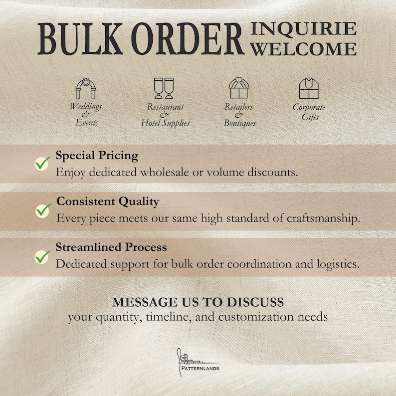 May include: An informational graphic on a beige linen background with the text BULK ORDER INQUIRIES WELCOME. It features icons for Weddings & Events, Restaurant & Hotel Supplies, Retailers & Boutiques, and Corporate Gifts, plus details on discounts, quality, and logistics.
