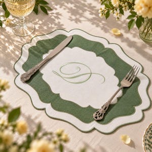 French Country Scalloped Oval Placemats – Artisan Double-Layer Table Mats with Embroidered Wavy Edge, Cottagecore Chic Decor, Washable Linen