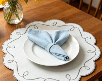 Round Scalloped Edge Placemat with Scroll Embroidery, Linen-Cotton, French Farmhouse, Wedding Table Setting, Elegant Hostess Gift for Party
