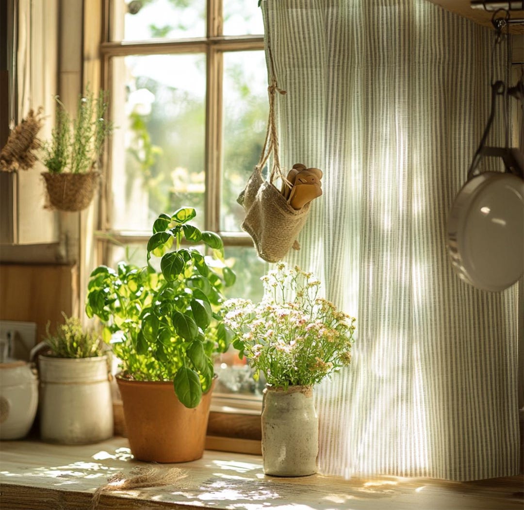 Cotton Linen Kitchen Curtains Striped Farmhouse Window Drapes, Rustic Cottage Core Panels ...