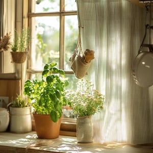 Striped Cotton Linen Curtains for Kitchen, Farmhouse Window Drapes, Rustic Cottagecore Panels, Boho French Country Light Filtering