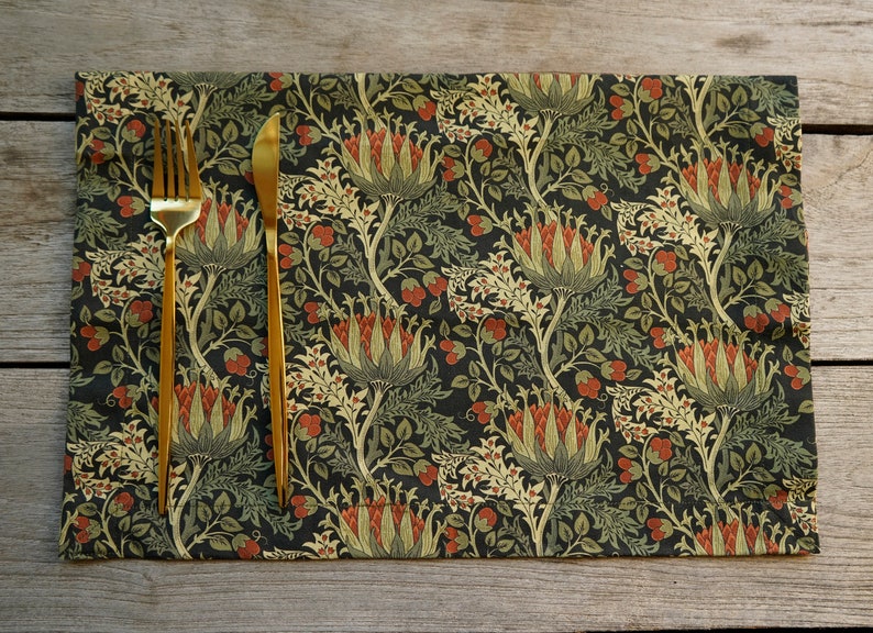 Elegant Fabric Table Placemat Set 4 6 8 12, Rectangle Placemats Gift for Mom, Large or Small Size, Scottish Thistle by William Morris Christmas gift