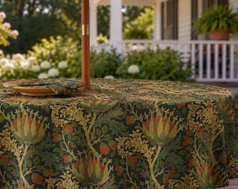 Morris Thistle Round Patio Tablecloth with Umbrella Hole & Zipper, Spill-Resistant Linen-Look Outdoor Tablecloth, Oversized and Custom Size