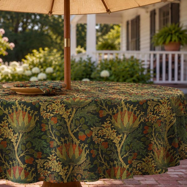 Morris Thistle Round Patio Tablecloth with Umbrella Hole & Zipper, Spill-Resistant Linen-Look Outdoor Tablecloth, Oversized and Custom Size