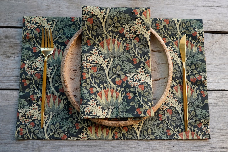 Elegant Fabric Table Placemat Set 4 6 8 12, Rectangle Placemats Gift for Mom, Large or Small Size, Scottish Thistle by William Morris Christmas gift