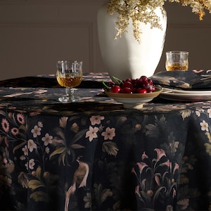 Dark Fern Finch Linen-Textured Tablecloth, Arts & Crafts Botanical Design, Extra-Wide Custom Size for Rectangle  Square Tables