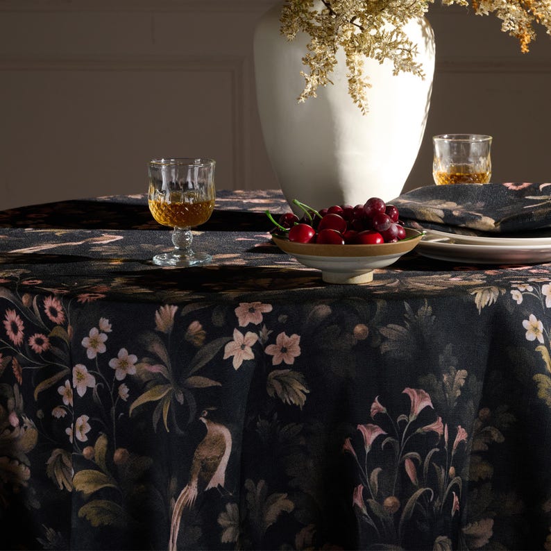 Dark Fern Finch Linen-Textured Tablecloth, Arts & Crafts Botanical Design, Extra-Wide Custom Size for Rectangle  Square Tables