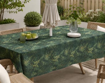 Forest Fern & Berry Linen Texture Tablecloth, Botanical Outdoor Table Cover with Umbrella Hole and Zipper, Spill Resistant Rectangle Cover