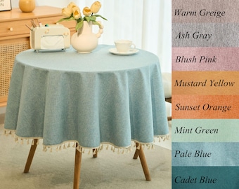 Round Oilcloth Style Tablecloth for Spring Dining - Linen Textured, Waterproof Stain-Resistant Outdoor Solid Color Coffee Table Mat