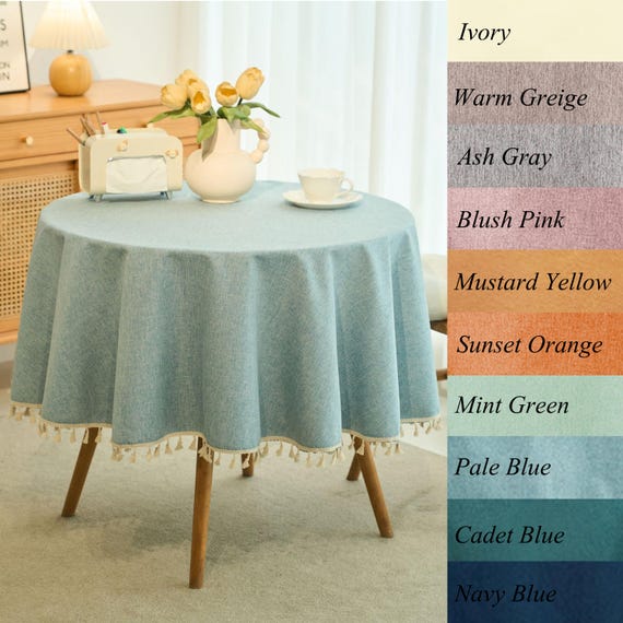 Round Oilcloth Style Tablecloth for Spring Dining - Linen Textured, Waterproof Stain-Resistant Outdoor Solid Color Coffee Table Mat