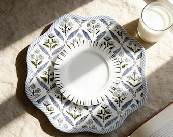 Blue Printed Check Floral Scalloped Placemat, Bound Edge Placemat, Elegant Tableware for Dining, Dining Table Placemat, Cottage Chic Style