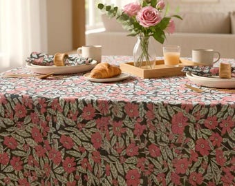 Cotton Block Print Tablecloth – Bohemian Coral Floral, Custom Size Rectangle or Round, Vintage Boho Summer Table Cover