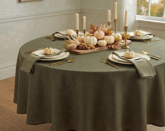 Toalha de mesa redonda e oval texturizada em linho verde-oliva, tamanho personalizado, resistente à água, decoração de outono e Ação de Graças, toalha de mesa estilo fazenda.
