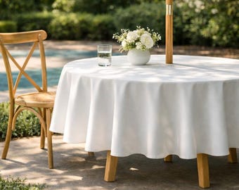 Waterproof Round Outdoor Tablecloth with Umbrella Hole, Oilcloth Wipe Clean Patio Table Cover, White Minimal Style, Custom Size